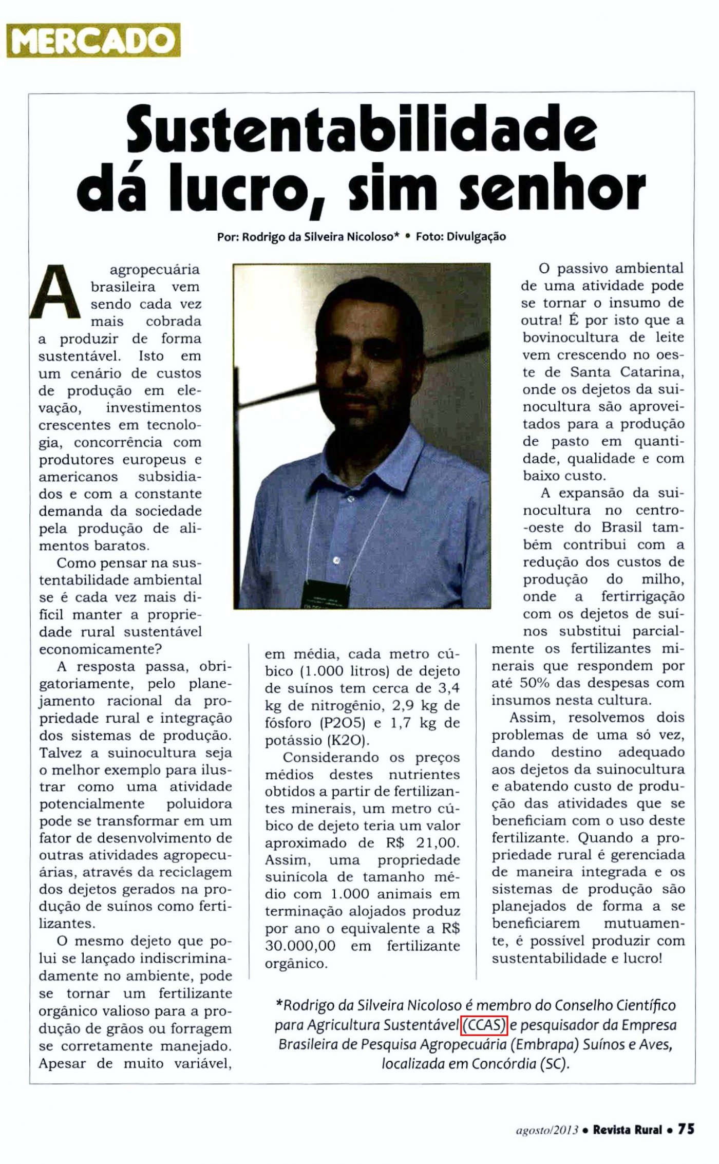 Artigo do conselheiro Rodrigo Nicoloso é publicado pela Revista Rural