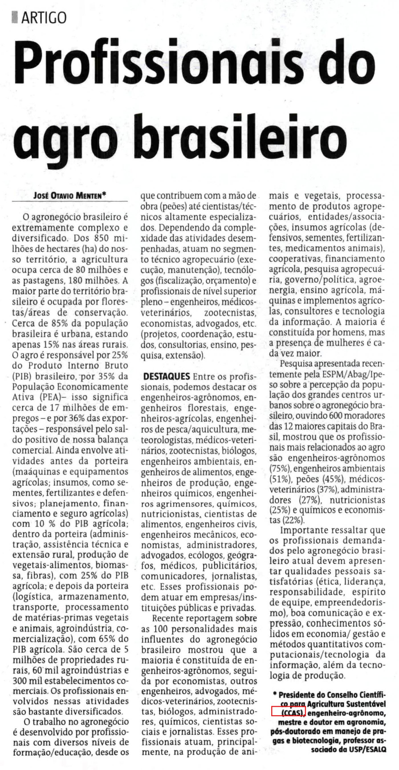 Jornal O Estado de Minas publica artigo do presidente do CCAS