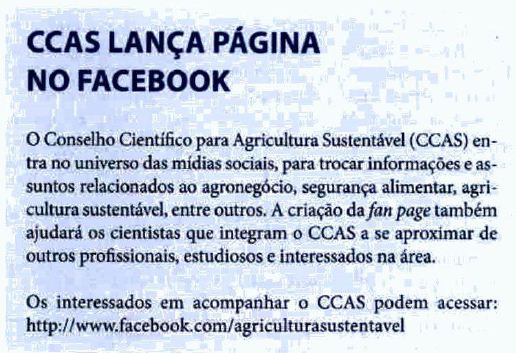 Revista Agroanalysis também divulga a chegada do CCAS ao Facebook