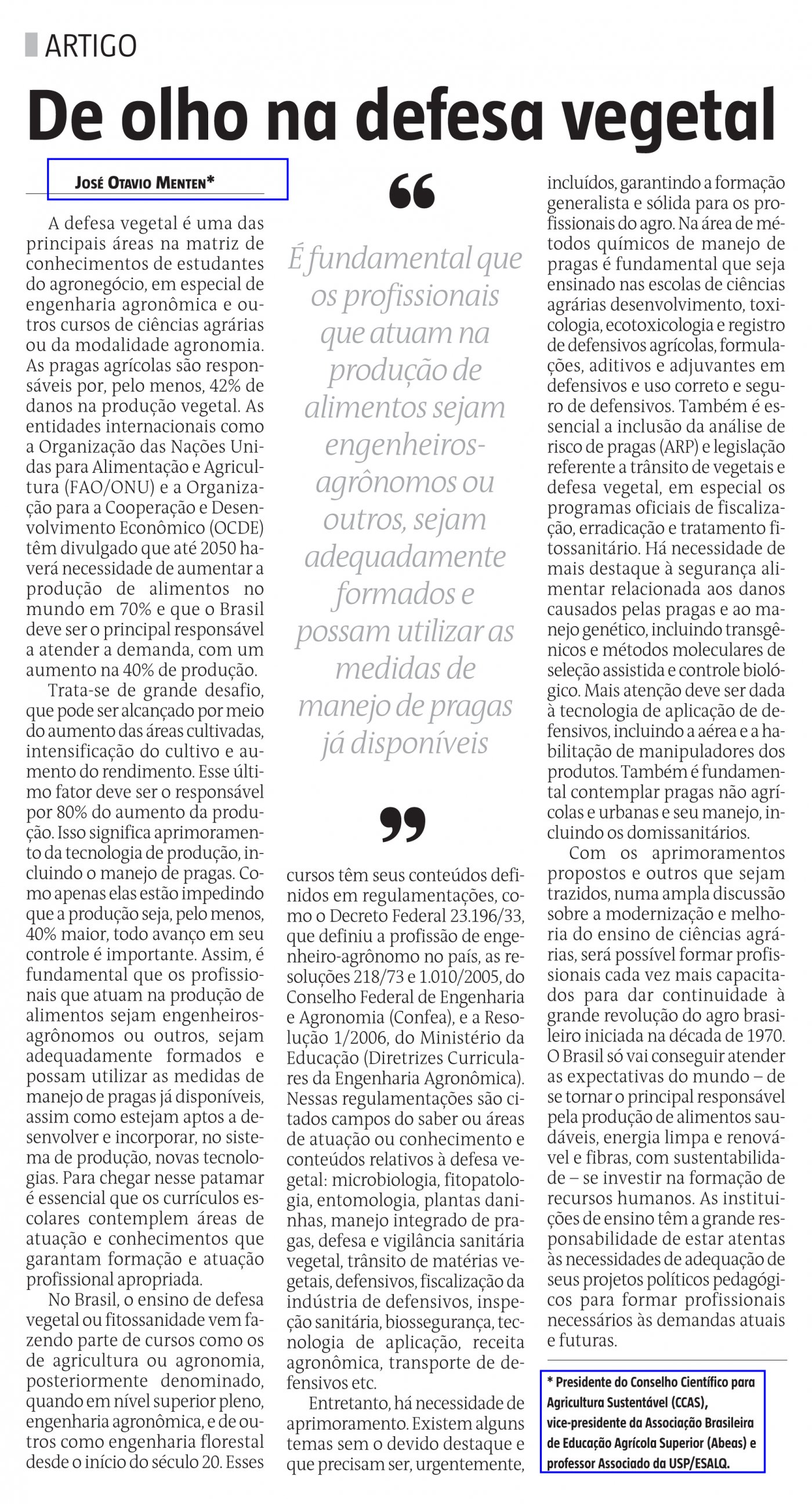 Jornal O Estado de MG publica artigo do presidente José Otávio Menten
