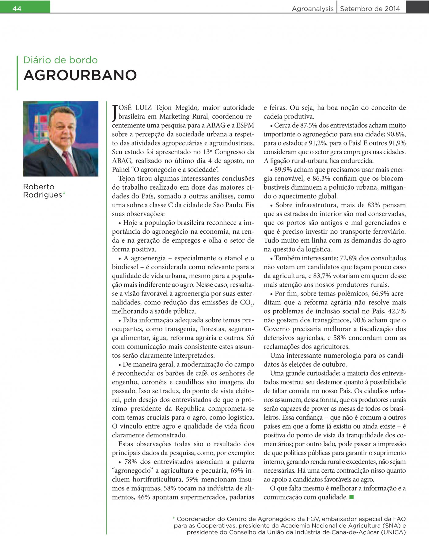 Ex-ministro da Agricultura assina artigo sobre a pesquisa coordenada por José Luiz Tejón