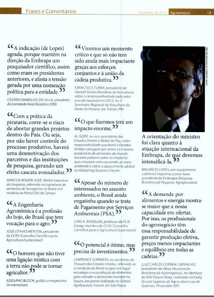 Revista Agroanalysis publica declaração de dois conselheiros do CCAS