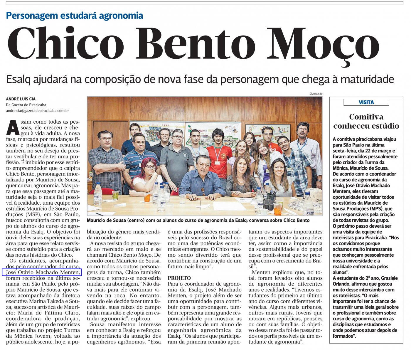 Gazeta de Piracicaba também divulga a criação do personagem Chico Bento Moço